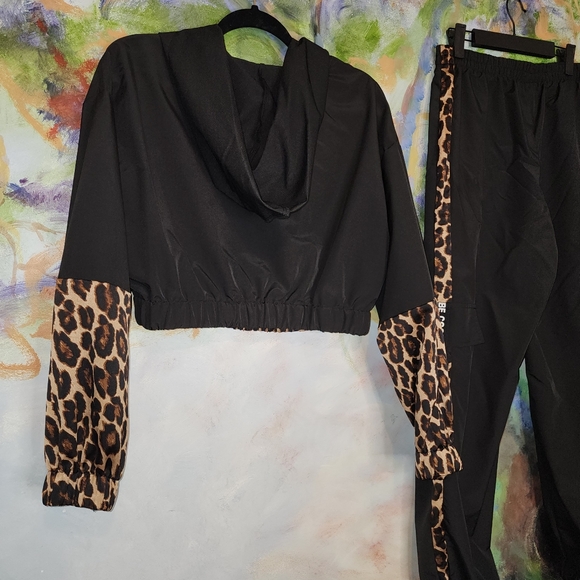 Leopard Print Crop Jacket Jogger Pants Set BE COOL BE YOURSELF Athleisure - Picture 2 of 12